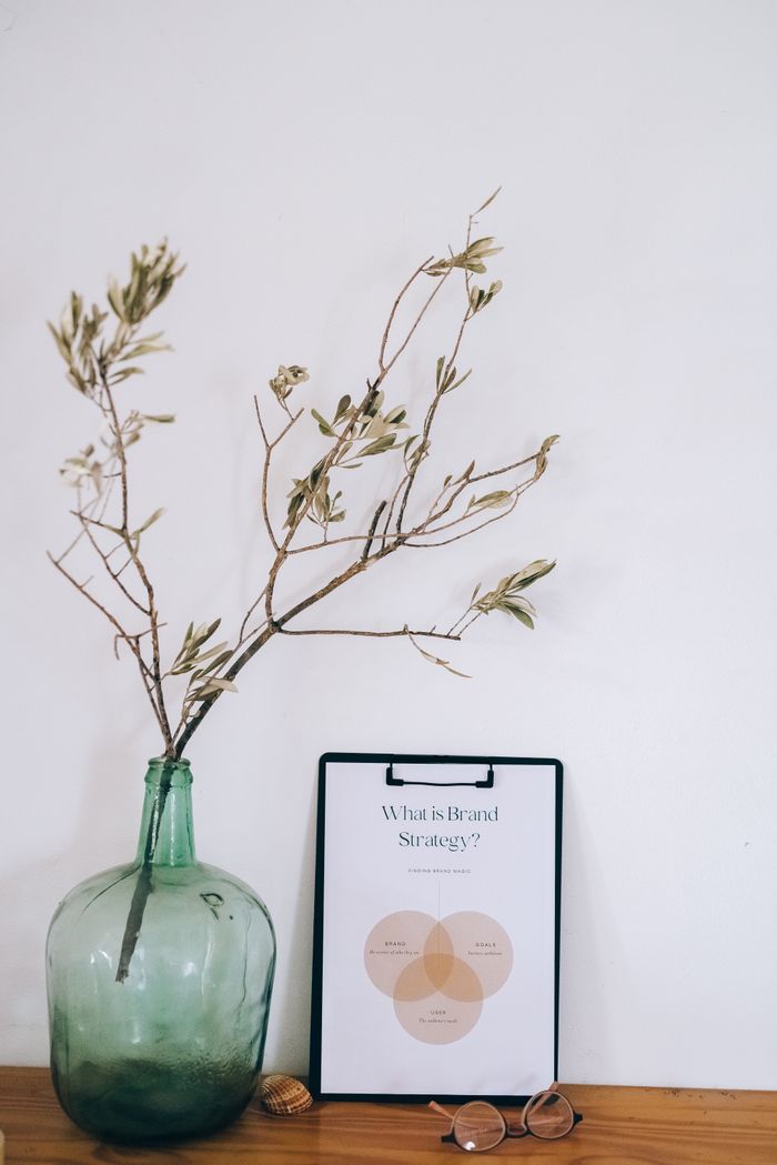 Crafting Captivating Headlines: Your awesome post title goes here Elegant still life of a green vase with branches beside a clipboard and eyeglasses, epitomizing minimal design.